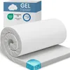 A rolled-up white gel mattress topper is displayed with its packaging in the background. Produktbild-Vorschau