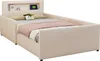 A beige upholstered twin bed with a headboard shelf, a pink blanket, and a decorative pillow. Produktbild-Vorschau