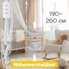 A baby swing is shown in a nursery or playroom setting, with text indicating its adjustable height. Produktbild-Vorschau