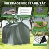 A green storage tent is shown outdoors with various features highlighted by text overlays and inset images. Produktbild-Vorschau