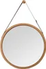 A round mirror with a wooden frame and a leather strap for hanging, isolated on a white background. Produktbild-Vorschau