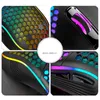 A collage of four close-up images of a gaming mouse with RGB lighting. Produktbild-Vorschau