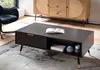 Couchtisch 110x60x43cm Schwarz Eiche-Dekor Rechteckig mit Stauraum in Gesamtansicht mit offener Ablage und Lamellenfronten. Náhled obrázku produktu