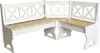 A white corner bench with a wooden seat against a white background. Produktbild-Vorschau