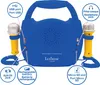 The back of a blue portable karaoke player with two microphones attached, showing various ports and labels. Produktbild-Vorschau
