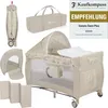 A collage of images showing a baby crib/playpen and its accessories, including a travel bag and a folded crib. Produktbild-Vorschau