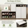 A shoe cabinet with a cushioned bench, showcasing its storage capacity and comfort features. Produktbild-Vorschau
