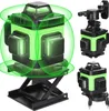 A 3D green laser level device is shown in multiple configurations against a white background. The main configuration features the laser level on a black scissor lift stand, with green laser lines emanating from it. Two smaller images show the laser level w Produktbild-Vorschau