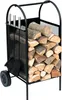 A black metal firewood rack filled with logs, equipped with fireplace tools and wheels. Produktbild-Vorschau