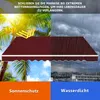A split image showing an awning under sunny and rainy conditions, with text overlays. Podgląd zdjęcia produktu