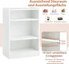 A white bookshelf with three shelves, shown with marketing text and icons indicating its uses. Podgląd zdjęcia produktu