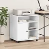 A white printer stand with storage is shown next to a potted plant and a desk. Voir les images du produit
