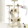 A multi-level cat tree with scratching posts, platforms, and attached toys, set against a white background. Voir les images du produit