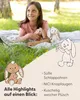 A young girl is lying on a blanket in the grass with two stuffed bunnies. The image is overlaid with illustrations and text highlighting product features. Produktbild-Vorschau