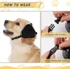 A golden retriever dog wearing black ear protection, with instructional images showing how to fasten the buckle. Produktbild-Vorschau