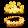 A string of solar-powered fairy lights with round, textured bulbs, displayed in two arrangements against a black background. Voir les images du produit