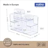 A collection of clear plastic food storage containers of various sizes, arranged in a display. Dimensions and capacities are labeled. Produktbild-Vorschau