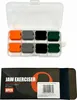 A clear plastic case containing eight jaw exercisers in four different colors, placed above a product box. Náhľad obrázku produktu