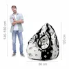 A man stands next to a bean bag chair with a gaming theme. Dimensions are shown with measurement lines. Voir les images du produit