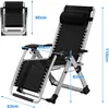 A black foldable recliner chair with dimensions indicated by blue lines and text. Náhled obrázku produktu