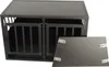 A black dog crate with its front door detached and lying on the floor in front of it. Voir les images du produit