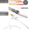 A close-up view of a white Ethernet cable with its connector and a cutaway showing the internal wires and shielding. Marketing text and logos are present. Produktbild-Vorschau