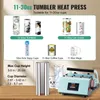 A collage of different cups and a heat press machine, with text describing product features and specifications. Náhled obrázku produktu