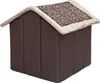 A brown dog house with a bone pattern on the roof, set against a white background. Produktbild-Vorschau