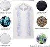 A dress is shown inside a garment bag, surrounded by images and text illustrating its features. Produktbild-Vorschau