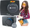 A collage of product images and a model. One image shows a close-up of the Afriso product with a dial and indicator lights. Another image shows a different angle of the product. A model wearing safety glasses and a tool belt is shown next to the product. Anteprima dell’immagine prodotto