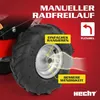 Close-up of a wheel on a red background, with text overlays highlighting features. Produktbild-Vorschau