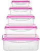 A set of five clear plastic food storage containers with pink lids, stacked on top of each other. Produktbild-Vorschau