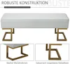 A white upholstered bench with gold metal legs is shown, with close-up views of its construction. Náhľad obrázku produktu