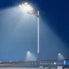 A solar-powered street lamp illuminates a pier at dusk. Voir les images du produit
