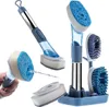 A collage of images showing a dishwashing brush set with multiple attachments and a holder. Anteprima dell’immagine prodotto