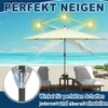A beach scene with a large umbrella providing shade, illustrating its adjustable angle feature. Produktbild-Vorschau