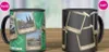 Two mugs are shown side-by-side on a wooden surface. The left mug is green with images of Bremen landmarks and text. The right mug is black with faded images and text, suggesting a 'magic' or color-changing effect. Produktbild-Vorschau
