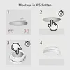 The image shows a four-step assembly guide for a smoke detector mounting set. Produktbild-Vorschau