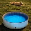 A dog is lying on the grass next to a round, blue dog pool. Produktbild-Vorschau