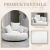 A collage of images showcasing a white sofa with pillows, a close-up of the sofa's fabric, and text overlays describing product details. Produktbild-Vorschau