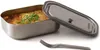 A stainless steel lunch box filled with food, with its lid and a fork beside it, on a white background. Podgląd zdjęcia produktu