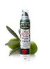 A spray bottle of olive oil is shown with two olives and olive leaves. Produktbild-Vorschau