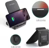 A smartphone is placed on a black wireless charging stand, with close-up insets showing details of the charger. Produktbild-Vorschau