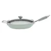 A light green frying pan with a glass lid and a silver and green handle, shown from a side angle on a white background. Produktbild-Vorschau