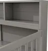 A close-up view of a gray wooden bed frame with visible shelving. Produktbild-Vorschau