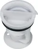 A white washing machine drain pump filter insert with a black rubber seal. Produktbild-Vorschau