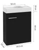 A black vanity cabinet with a white sink top, shown with dimensions indicated by measurement lines and text. Produktbild-Vorschau