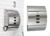 A collage of two images showing a stainless steel mailbox. The left image shows the mailbox mounted on a white brick wall with a house number '3' above it. The right image shows the mailbox isolated on a white background. Produktbild-Vorschau