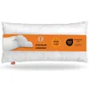 A white pillow with an orange band across the middle showing product information. Náhled obrázku produktu