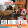 A person wearing gloves is operating a saw blade sharpening machine, with close-up images of different saw blades shown below. Voir les images du produit